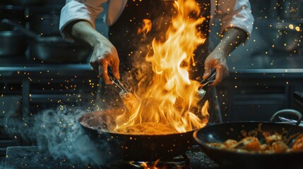 Close-up of the Professional chef's hands cooking food on fire in the kitchen at a restaurant. The chef burns food in a professional kitchen - obrazy, fototapety, plakaty