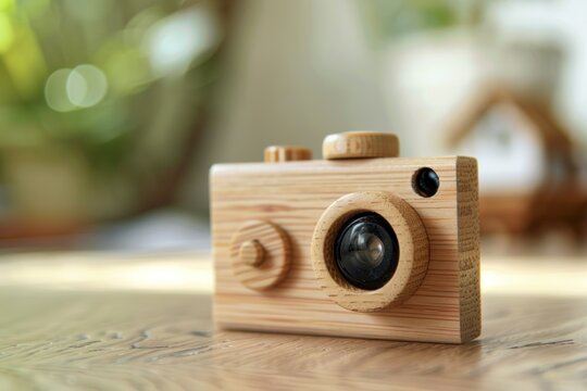 Wooden toy camera with a lens on a table.
