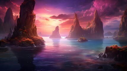 Beautiful fantasy landscape with mountains and sea. 3d render illustration