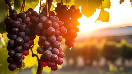 bunch of grapes, Wine grapes, a ripe bunch of dark grapes, in the sun. stock photo - obrazy, fototapety, plakaty