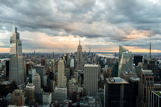 Cityscape with skyscrapers and world trade center at sunset