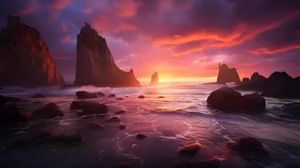Zelfklevend Fotobehang Panoramic view of a beautiful sunset over the ocean in Iceland © Iman