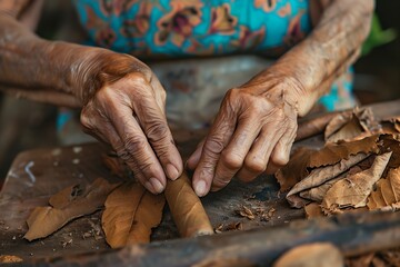Hands of a woman rolling a cuban cigar in a beautfiul ambient. Vinales, Cuba