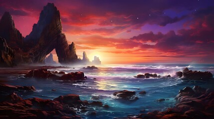 Beautiful seascape panorama. Sunset over the sea. Vector illustration