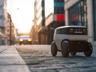 An autonomous delivery robot navigating through an urban street, representing innovation in delivery services - obrazy, fototapety, plakaty