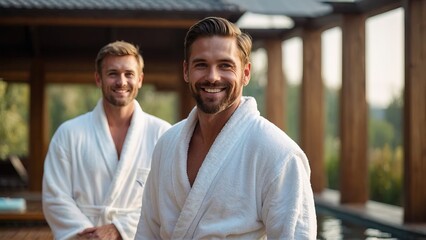 Men in white bathrobes enjoying spa