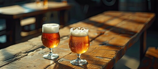 Two elegant glasses filled with refreshing beer are placed on top of a rustic wooden table, creating a simple and inviting scene.
