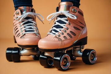 Stylish retro roller skates worn by a model against a warm orange backdrop, exuding a vintage yet modern vibe
