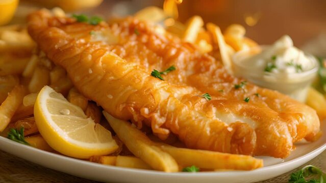 A plate of savory and crispy fish and chips accompanied by a cold pint of beer at a cozy airport pub.