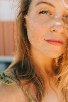 Portrait of a woman with freckles