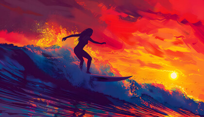 A digital illustration of a female surfer riding a wave with skill and grace her silhouette agains Generative AI