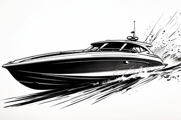 lineart black and white speedboat - obrazy, fototapety, plakaty