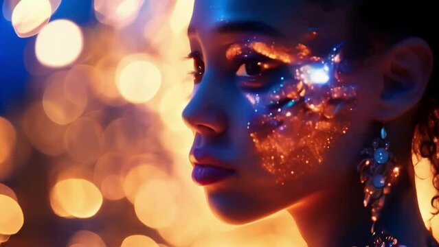 A side profile of a woman with opalescent crystals and gems adorning her face, creating a dreamy and otherworldly effect.