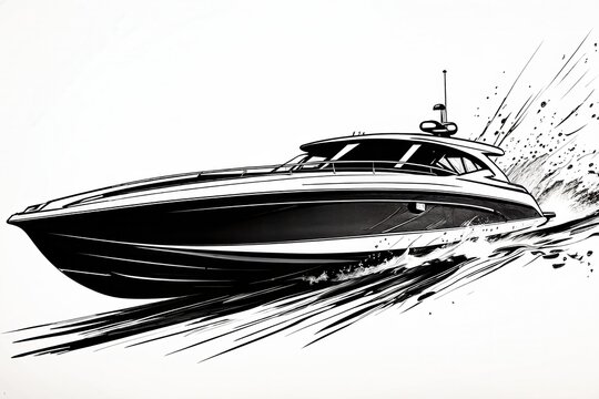 black and white boat speeding on water clip art preview