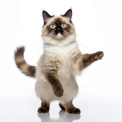 A Birman cat standing dancing happy pose on a white background 