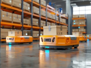 Futuristic automated robots efficiently sorting packages in a high-tech warehouse, revolutionizing logistics