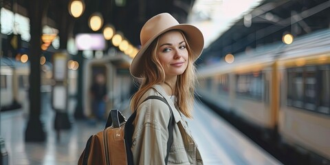 Woman wearing a stylish hat and fashionable clothing exploring the train station on vacation - obrazy, fototapety, plakaty