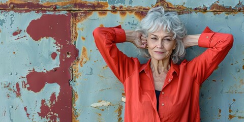 Older woman stretching with her hands behind her head against a rusted iron wall