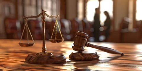 scales of justice and gavel in courtroom - obrazy, fototapety, plakaty