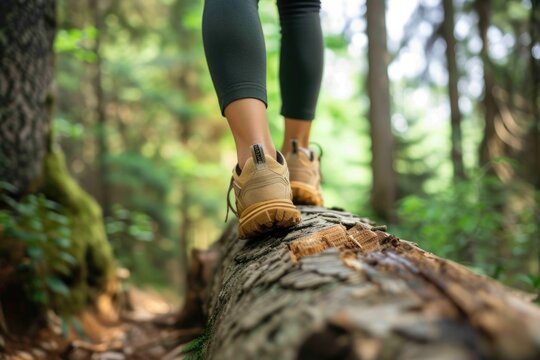 Person wearing hiking boots walking on a log in the forest.