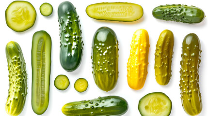 Marinated pickled cucumbers collection on whit background. generative ai