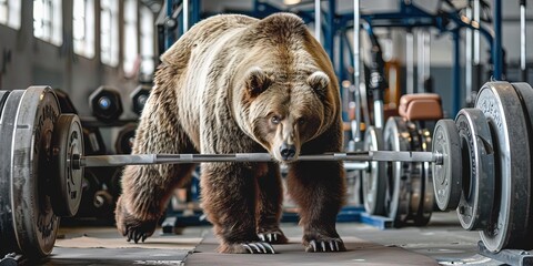 Brown grizzly bear lifting heavy weighted barbells - obrazy, fototapety, plakaty