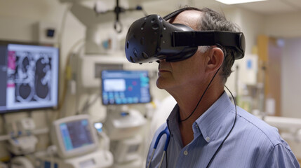 Doctor using virtual reality headset in a medical environment.