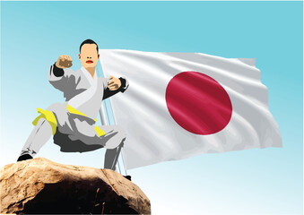 Oriental combat sports. Wu-shu on japan flag background. Colored 3d vector illustration.