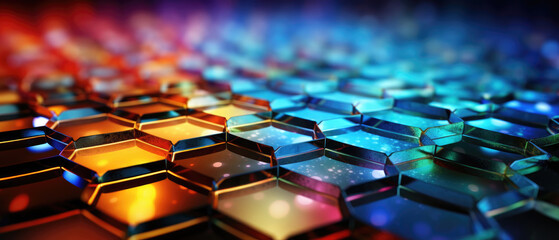 Fototapeta premium 3D hexagonal honey comb pattern abstract background with colorful glowing lights 