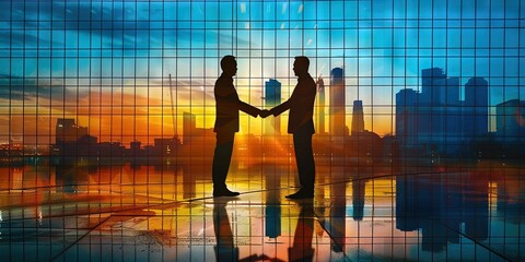 businessmen shaking hands with sunset in background