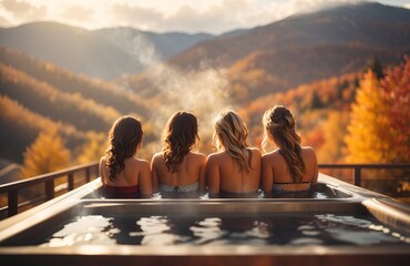 Back view women group in a steamy hot tub, autumn mountain landscape