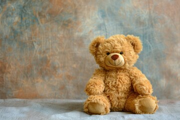 A plush teddy bear with a smiling face sitting against a textured blue background. Place for text