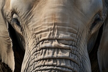 Fototapeta premium Elephant face close-up texture detail. Wildlife conservation and natural beauty concept