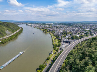 Andernach, Germany - Aerial view of the town of Andernach by the famous Rhine river in summer on a sunny day - 751185461