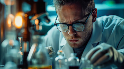 A scientist in glasses and a white coat is working with test tubes on a table, illuminated by bright lights in a laboratory background - obrazy, fototapety, plakaty