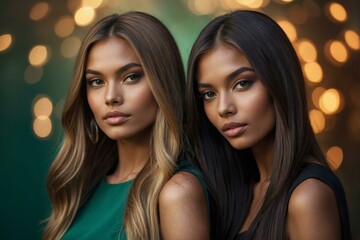 Intimate close-up of two young, diverse models with captivating beauty and elegant green backdrop