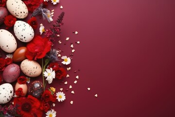 Decorative Easter eggs among red flowers on a burgundy background.