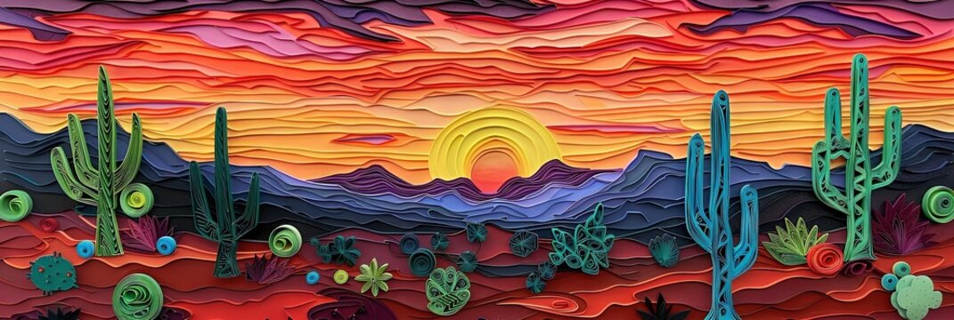 Paper quilling desert landscape with vibrant sunset