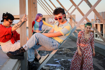 Cool colorful non-binary friends having fun during pride month