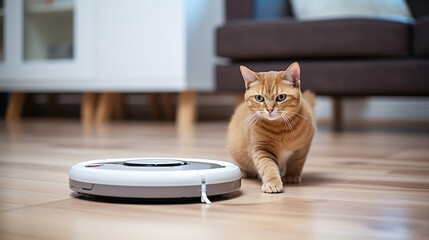 Cute cat playing with a robot vacuum cleaner 