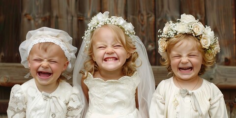 Young toddler bride and bridesmaids - children getting married and dressed for wedding day - obrazy, fototapety, plakaty