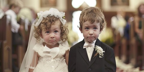 Young toddler bride and groom - children getting married and dressed for wedding day