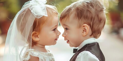 Young toddler bride and groom - children getting married and dressed for wedding day