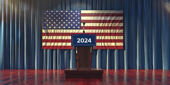 2024 American Presidential election image with american flag and poodium 