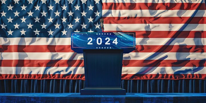 2024 American Presidential election image with american flag and poodium 
