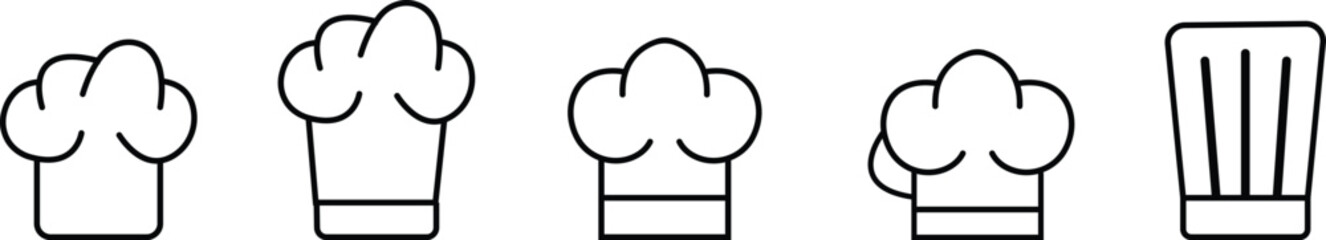 chef hat logo set and icon vector design template, restaurant logo cooking logo linear style pictogram isolated on transparent background, Cuisine symbol, Toque, chef, cook, table, restaurant concept.