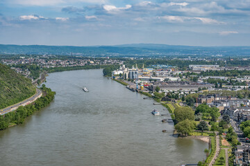 Andernach, Germany - Aerial view of the town of Andernach by the famous Rhine river in summer on a sunny day - 751186698