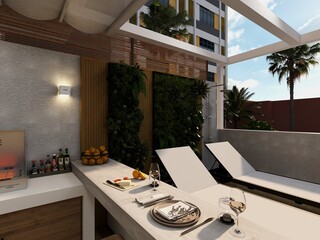 terraza de ático de casa moderna con cocina de exterior y estilo mediterraneo en el atardecer  - obrazy, fototapety, plakaty