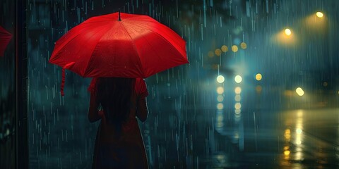 Woman holding red umbrella in a dark and stormy night - obrazy, fototapety, plakaty