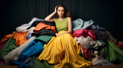 Obraz premium A young woman against the background of a pile of clothes and things. The problem of consumerism and overconsumption. A person in a pile of clothes.